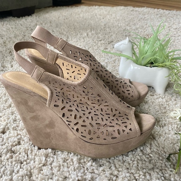 Shoes - Adorable suade beautiful see through tan patterned peek toe high heeled …
